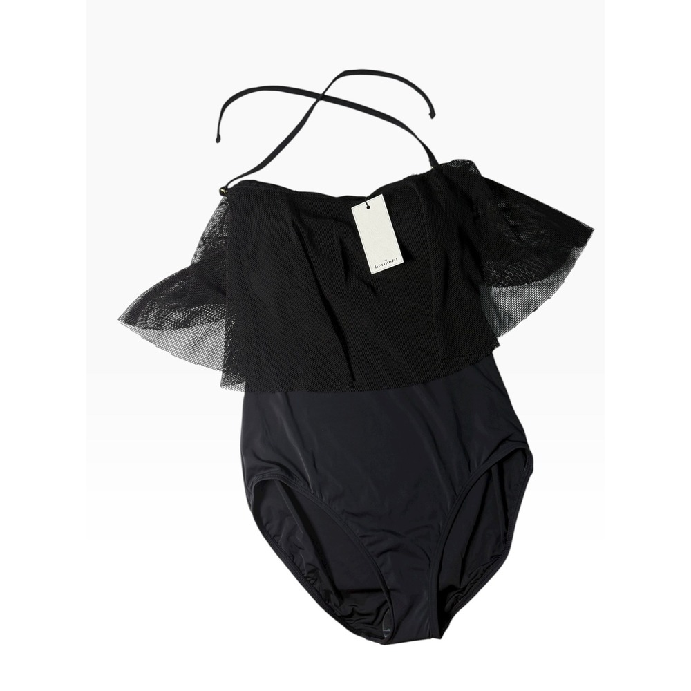 Hermoza Black Mesh Ruffle Off The Shoulder One Piece Swimsuit Size 8 NEW